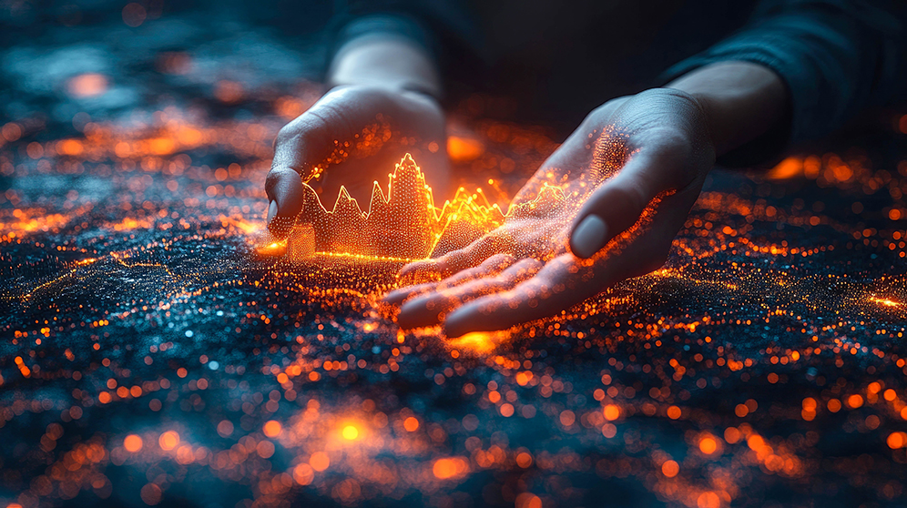 Close-up of open hands with glowing digital particles, symbolizing data, technology, and digital transformation. The sparks evoke a sense of innovation and connection.